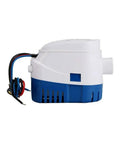 Side view of a white and blue 12V Submersible Bilge Pump For Boats With Built In Auto Float Switch 1200 GPH, with wires attached.