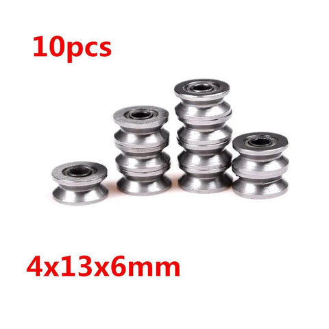10 Pack 4x13x6mm V624ZZ V Groove Roller Bearing Pulley Wheel Wire Track Guide shown from the side to highlight design and size.