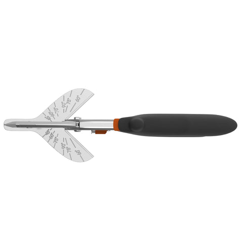 Side view of a multi-angle miter shear cutter set adjustable 45 to 135 degrees for quarter round molding, trim, PVC and trunking.