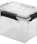 3 Pack 19 Quart Waterproof Storage Bins IP68 Clear Plastic Totes With Gasket Sealed Lids, heavy duty, clear design with black latches.