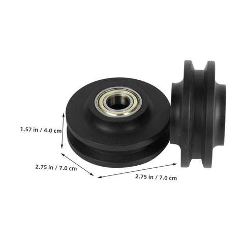 Heavy Duty Sliding Gate Bearing Rollers 4 Pack Nylon Wheels For Inverted Tracks showing two black  nylon wheels, 2.75 in diameter, 1.57 in tall.