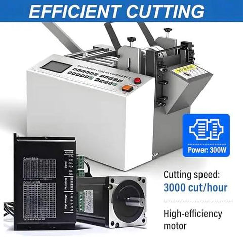 Automatic Heat Shrink And Fiberglass Tube Cutter Uses Cold Cutting Design For Hassle Free Precision Cuts A Total Game Changer That Works Like A Champ For Electricians And Professionals Featuring Rock Solid Construction, showing the unit with digital panel and motor.