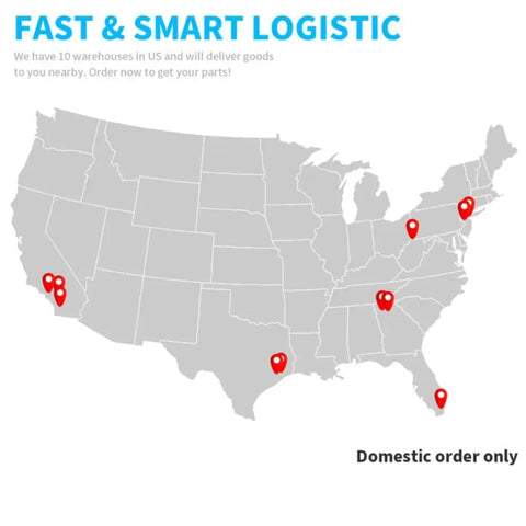 Fast & Smart Logistic map showing 10 warehouse locations in the US for efficient parts delivery, highlighted with red markers.