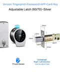 Hella Secure Smart Entry Door Lock Featuring Slick Fingerprint Reader Password Keypad RFID Cards and Smooth Phone App Remote Management for Ultimate Home Protection. Silver adjustable latch with dimensions.