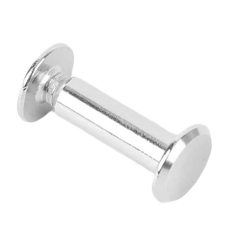 Badass Stainless Steel M4 Binding Posts And Flat Round Head Rivet Studs Barrel Screws close-up of shiny silver fastener.