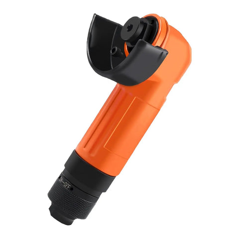 Heavy Duty Pneumatic Angled Grinder With Air Powered Motor For Metal And Wood Grinding Polishing Cutting At 15000 Rpm featuring an ergonomic orange body.