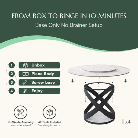 Modern 51 Inch Round Dining Table Slick Glossy White Sintered Stone Top Built Tough Black X Carbon Steel Base Lazy Susan setup guide.