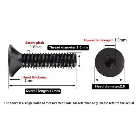 Pro Grade M1.6x12mm Flat Head Hex Socket Cap Screw Set 50 Pieces Grade 10.9 with measurements displayed for precision use.