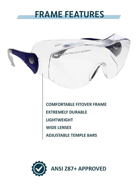 Heavy Duty Over The Glasses Laser Safety Glasses For CO2 And Eximer Machines With Ansi Certified Optics and a durable fit over frame.