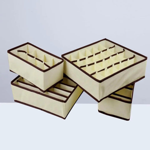 Premium Fashion Forward Non Woven Foldable Drawer Organizer Set For Bras Underwear Socks And Ties, beige with brown trim.