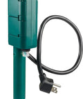 Rock Solid Outdoor Power Stake Timer With Six Grounded Outlets And Photocell Auto Switch showing six outlet timer on stake with plug.