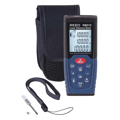 Dead On Laser Distance Meter Measures Up To 328 Feet For Quick Floor Plans Crafted For One Handed Use with display and case.