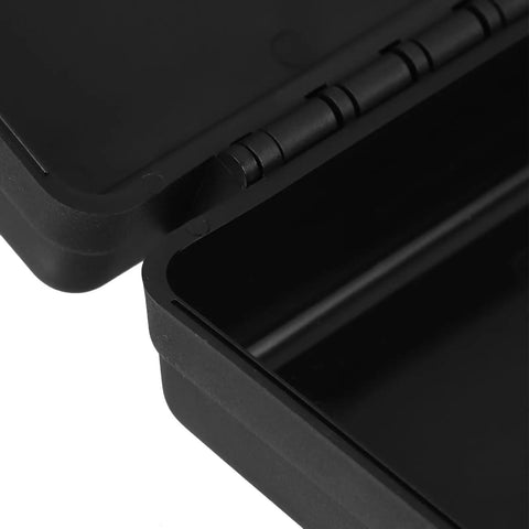 Close-up of a Badass Low Profile Plastic Toolbox With Tight Fitting Lid, showcasing the black plastic hinge and interior.