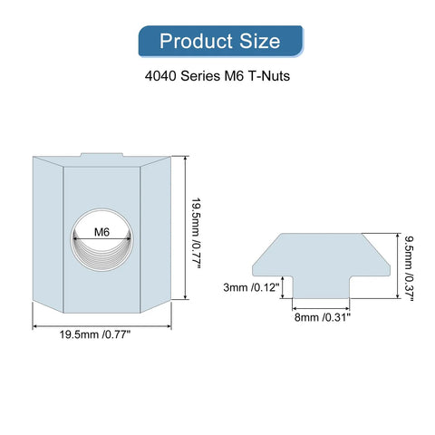 Product size diagram of Hella Durable T Nuts 10 Pack Galvanized Carbon Steel Fasteners for 4040 Aluminum Extrusion Frames M6.