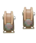 Two Piece Heavy Duty Nylon Pulley Roller Set With Double Ball Bearing Runs Slick H Groove Design Built Tough Track Wheel And Directional Sheave For Square Tube Systems 100 Millimeters - close-up of two nylon pulleys with metal brackets.