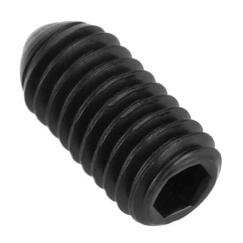 Built Rugged Carbon Steel M6 Hex Socket Ball Spring Plunger Set Ten Piece Lock Tight Screw Thread close-up view of black hex socket plunger.