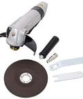 5 Inch Air Angle Grinder Pneumatic Cut Off Tool For Metal Grinding And Weld Prep Delivers Eleven Thousand RPM Of Pure Torque Shop Ready Beast With No Hassle Performance For Heavy Duty Finishing Jobs, with grinding pad and accessories.