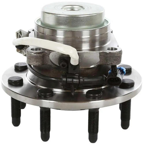 Front Wheel Bearing Hub Assembly 2WD 8 Lug Polished Replacement Fits Left Right Sides with electrical connections view.
