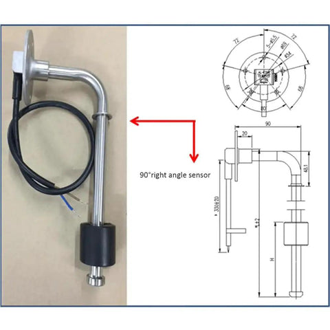 Heavy Duty Stainless Steel Fuel Sending Unit With Long Travel Water Level Sensor For Marine Boats Trucks And Cars, 90° right angle sensor design.