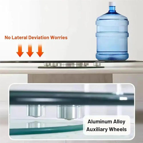 Large Round Clear Tempered Glass Lazy Susan Turntable with aluminum alloy wheels for easy spinning and heavy load support.