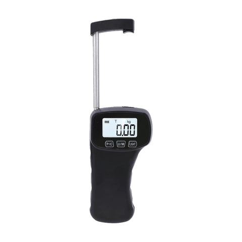 Real Deal Digital Force Gauge Compact Portable Handheld Push Pull Tester 11 Pounds Capacity with backlit screen and metal hook.