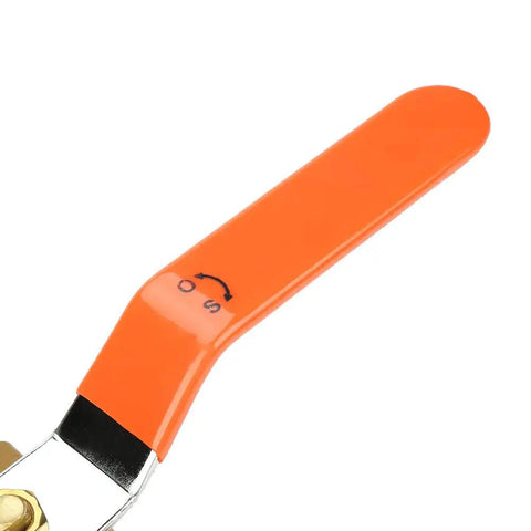 Close-up of orange handle on Bulletproof Brass Ball Valve Two Inch Shut Off for easy operation with smooth flow.