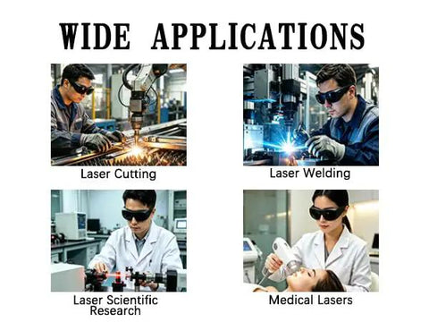 Wide applications of Lightweight Welding Safety Glasses Featuring Dang Tough IR5 Lenses That Block 99 Percent UV Rays for laser cutting, welding, and research.