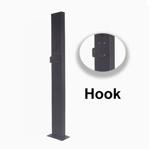 Beefy EV Charger Holder Stand with hook detail, black cold rolled steel for EV cord management, free standing design.