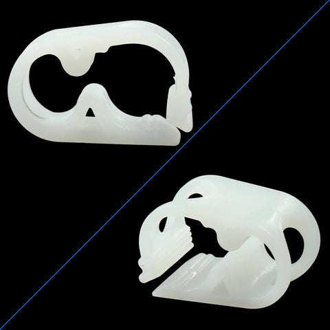 Five Pack Plastic Tubing Clamps For Lab Adjustable Tube Clamp Flow Control Hose Clamp Made Of POM Plastic Durable Elastic Clamp White With Gear Style Adjustment For Tube Outside Diameter Three To Six Millimeters One Eighth To One Quarter Inch showing side view and close-up view.