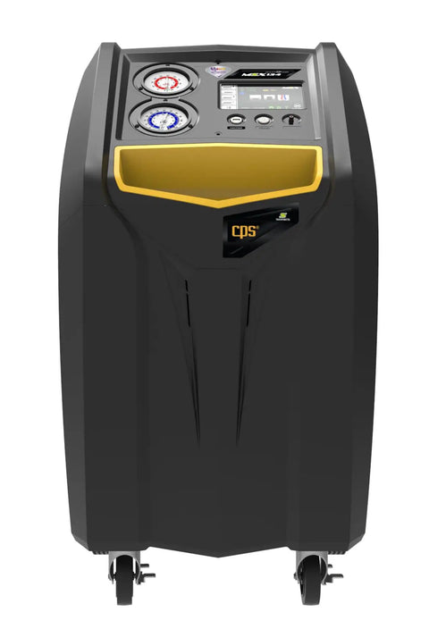 Zero Sweat R134a Air Conditioning Recovery And Recharge Unit Featuring Bold Large Touchscreen Wireless Hookup And Oilfree Pump For Quick Shop Service Jobs Built For Mechanics, front view with gauges.