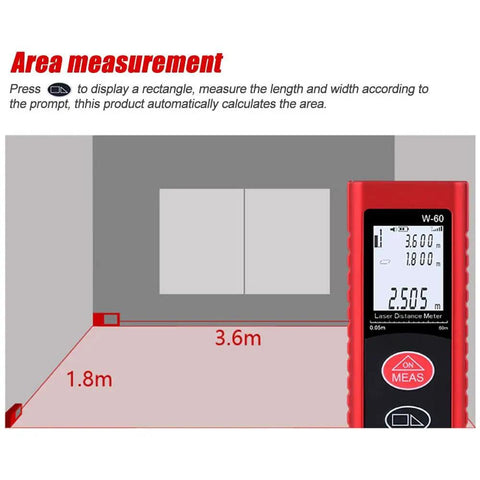 Heavy Duty Laser Distance Meter With Eighty Meter Reach Featuring Mute Mode Sleek Backlit Screen and Pythagorean Math showing area measurement.