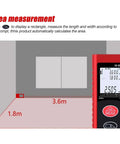 80 Meter Digital Laser Distance Meter Featuring Bright Backlit Lcd Readout And Built In Pythagorean Mode Badass Rugged Abs Frame For Sweet Spot One Hand Grip measuring room dimensions with displayed values.