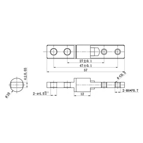 Technical drawing of Constant Torque Position Control Hinge 10x57mm Concealed Damping Rotary Shaft Gate Hinge Silver Finish For Cabinets And Gates