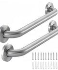 Solid As A Rock Stainless Steel Bathroom Safety Grab Bar With Slick Proof Grip Heavy Duty Support For Showers Tubs And Toilets Handles Over Five Hundred Pounds Two Piece Set, close-up view of chrome grab bars with mounting hardware.