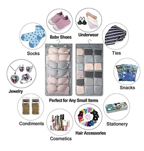 Double Sided Hanging Closet Organizer With Thirty Roomy Pockets In Gray displaying various organized items such as socks, underwear, and cosmetics.