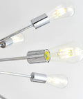 Close-up of Mid Century Modern Pendant Light 6 Light Sputnik Chandelier with chrome adjustable arms and exposed bulbs.