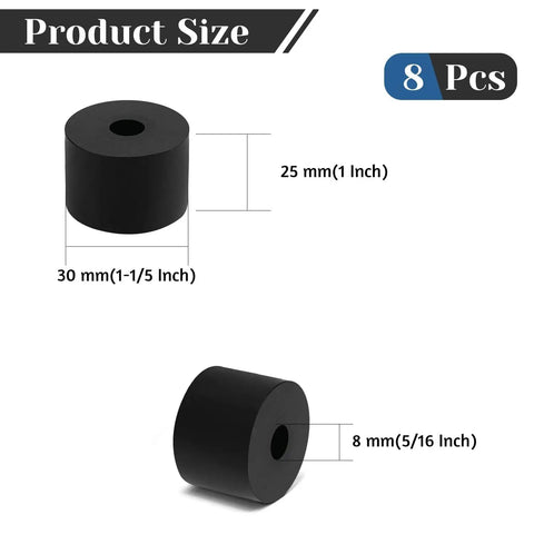 Heavy Duty Black Rubber Spacers 8 Pack 1 Inch Thick 5 16 Bore Solid Industrial Cushion Blocks dimensions visual showing sizes.