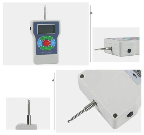 Straight Shooting Digital Tension Meter And Handheld Force Gauge With Dead Nuts Accurate Multi Unit Switching, No Sweat Pull Test Tool For Cables And Rigging, Solid Portable Tensile Reader Up To 10 Newtons display and connector view.