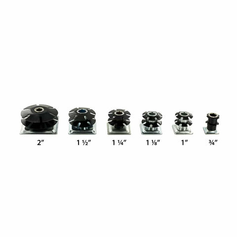 Side view of assorted sizes of caster inserts including Double Star Threaded Caster Inserts Heat Treated Steel Fits One Inch Square Tubing