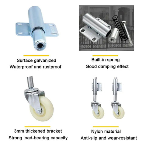 Straight Up Heavy Duty 4 Inch Spring Loaded Gate Casters Rock Solid Nylon Gate Wheels With Smooth Rolling Action Weather Resistant No Sagging Guarantee No Hassle Universal Mounting Plate Pack Of Two parts including nylon wheels and brackets.