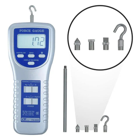 Built Different Digital Force Gauge For Push Pull Tension And Compression Testing With Backlit Lcd and testing attachments.
