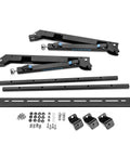 Components of Folding Table Saw Outfeed Kit With Adjustable Height Legs and Foldable Steel Frame for Easy Storage.