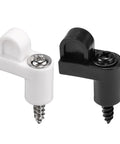 Two nylon storm clips, white and black, with alloy screws for securing window screens. Part of complete 24 piece kit.