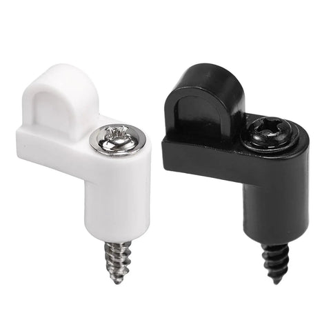 Two nylon storm clips, white and black, with alloy screws for securing window screens. Part of complete 24 piece kit.