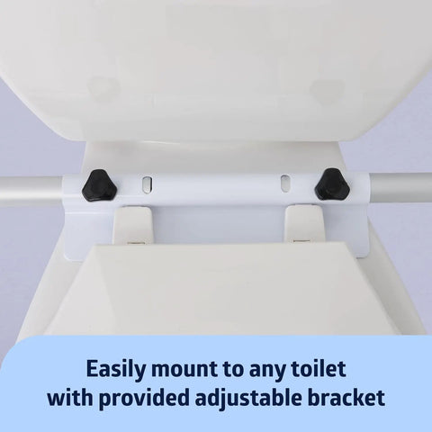 Foldable Bathroom Safety Rail With Adjustable Arms And Universal Seat Fit Rock Solid Aluminum Frame for easy toilet mounting with adjustable bracket.