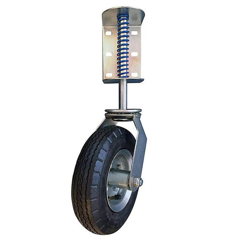 Tough As Nails Eight Inch Spring Loaded Pneumatic Gate Caster with stainless steel bracket and durable rubber tire.