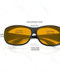 Pro-Grade Blue Laser Safety Shades Delivering Savage OD 6 Plus Shielding Against 405Nm 445Nm 450Nm 473Nm Diodes And Broad Spectrum Ultraviolet Light Rated EN207 Certified Eye Gear with measurements.
