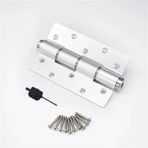Heavy Duty Six Inch Hydraulic Buffer Hinge With Sleek Aluminum Frame And Hidden Mount For Frictionless Automatic Door Closing Premium Multipurpose Closer Kit In Classic Silver Finish Pair Of Two with mounting screws and tool.