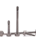 Number 10 X Two Point Five Inch Self Piercing Hex Washer Head Screws For Sheet Metal 50 Pack 410 Stainless Steel fasteners grouped in various positions.