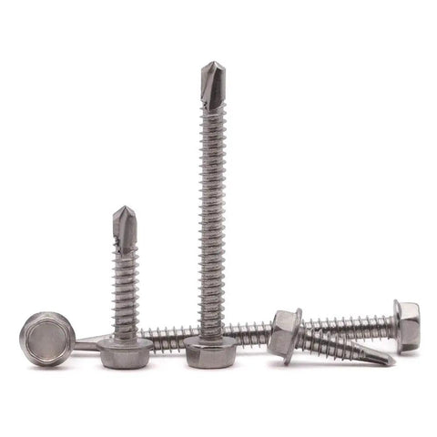 Number 10 X Two Point Five Inch Self Piercing Hex Washer Head Screws For Sheet Metal 50 Pack 410 Stainless Steel fasteners grouped in various positions.
